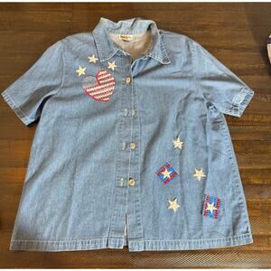 Womens Denim Shirt Fourth of July God Bless America Patch Shirt Size Large